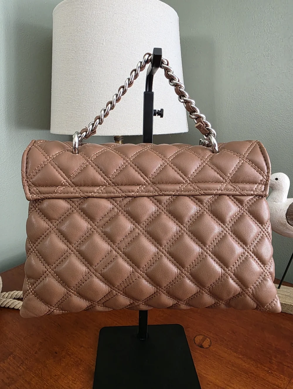 Steve Madden Quilted Chain Flap Crossbody Shoulder Bag Camel Taupe